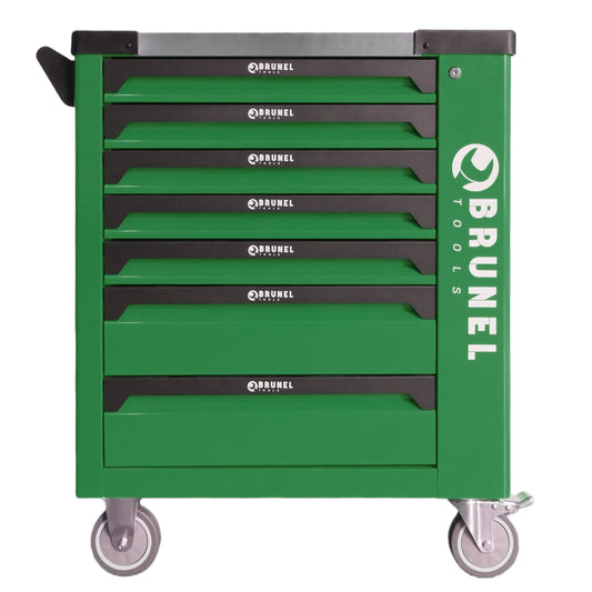 BRUNEL Tools 7 Drawer Caster Mounted Roller Tool Chest Cabinet with 6 Fully Stocked Drawers - 249 Pieces - Green