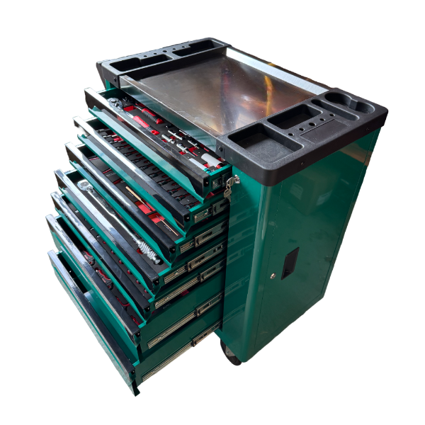 BRUNEL Tools 7 Drawer Caster Mounted Roller Tool Chest Cabinet with 6 Fully Stocked Drawers - 249 Pieces - Green