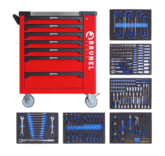 BRUNEL Tools 7 Drawer Caster Mounted Roller Tool Chest Cabinet with 6 Fully Stocked Drawers - 249 Pieces - Red