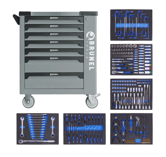 BRUNEL Tools 7 Drawer Caster Mounted Roller Tool Chest Cabinet with 6 Fully Stocked Drawers - 249 Pieces - Grey