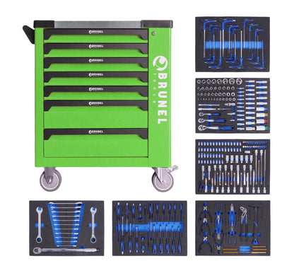 BRUNEL Tools 7 Drawer Caster Mounted Roller Tool Chest Cabinet with 6 Fully Stocked Drawers - 249 Pieces - Hi-Vis Green