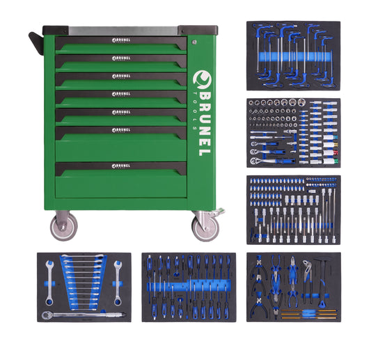 BRUNEL Tools 7 Drawer Caster Mounted Roller Tool Chest Cabinet with 6 Fully Stocked Drawers - 249 Pieces - Green