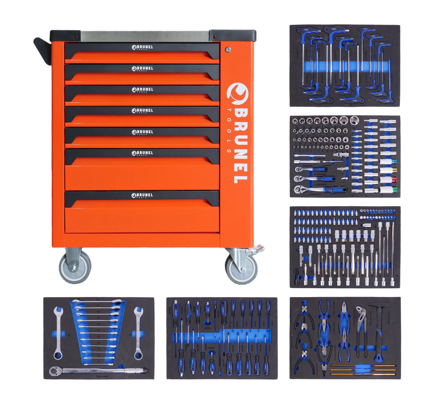 BRUNEL Tool 7 Drawer Caster Mounted Roller Tool Chest Cabinet with 6 Fully Stocked Drawers - 249 Pieces - Orange