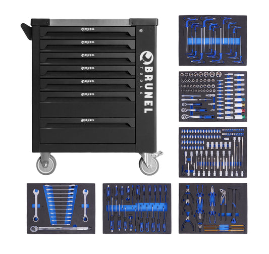 BRUNEL Tools 7 Drawer Caster Mounted Roller Tool Chest Cabinet with 6 Fully Stocked Drawers - 249 Pieces - Black