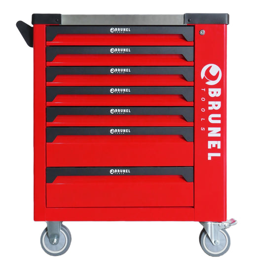 BRUNEL Tools 7 Drawer Caster Mounted Roller Tool Chest Cabinet with 6 Fully Stocked Drawers - 249 Pieces - Red