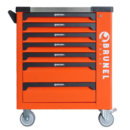 BRUNEL Tool 7 Drawer Caster Mounted Roller Tool Chest Cabinet with 6 Fully Stocked Drawers - 249 Pieces - Orange