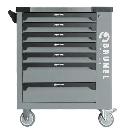 BRUNEL Tools 7 Drawer Caster Mounted Roller Tool Chest Cabinet with 6 Fully Stocked Drawers - 249 Pieces - Grey