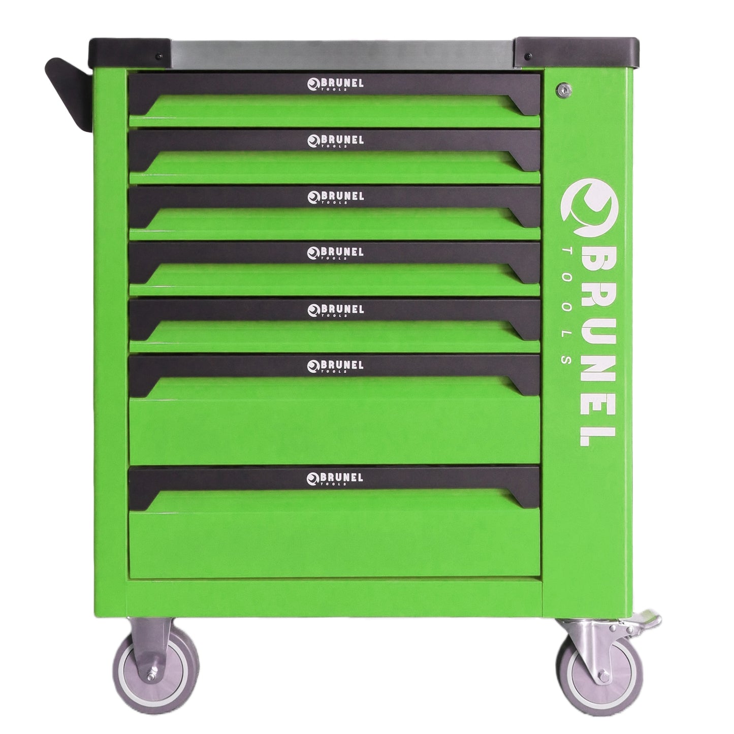BRUNEL Tools 7 Drawer Caster Mounted Roller Tool Chest Cabinet with 6 Fully Stocked Drawers - 249 Pieces - Hi-Vis Green