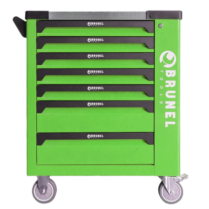 BRUNEL Tools 7 Drawer Caster Mounted Roller Tool Chest Cabinet with 6 Fully Stocked Drawers - 249 Pieces - Hi-Vis Green