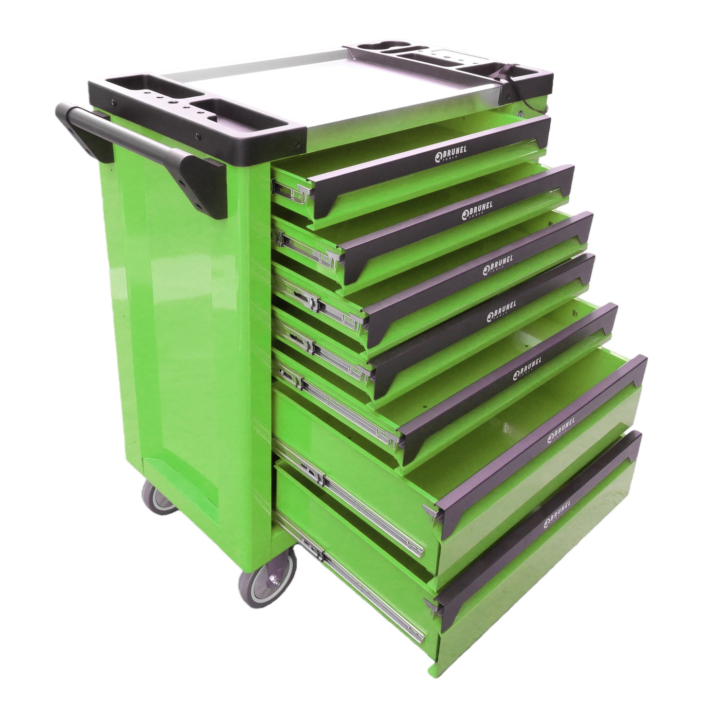 BRUNEL Tools 7 Drawer Caster Mounted Roller Tool Chest Cabinet with 6 Fully Stocked Drawers - 249 Pieces - Hi-Vis Green