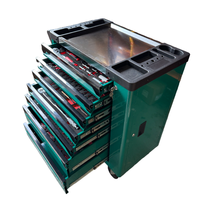 BRUNEL Tools 7 Drawer Caster Mounted Roller Tool Chest Cabinet with 6 Fully Stocked Drawers - 249 Pieces - Green
