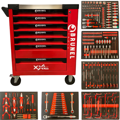 BRUNEL Tools 7 Drawer Caster Mounted Roller Tool Chest Cabinet with 6 Fully Stocked Drawers - 249 Pieces - Red