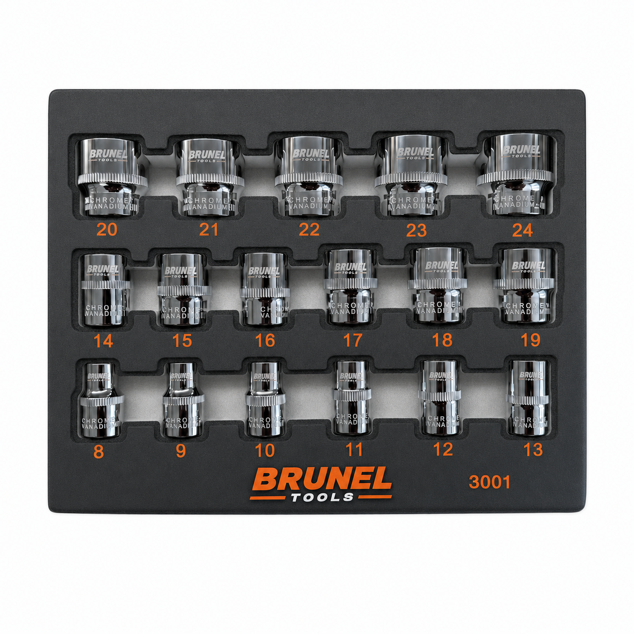 BRUNEL Tools 17pc 3/8 DR Shallow Sockets Set 6 Point 8-24mm EVA Tray BR3001
