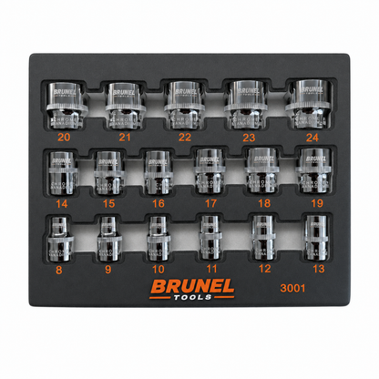 BRUNEL Tools 17pc 3/8 DR Shallow Sockets Set 6 Point 8-24mm EVA Tray BR3001