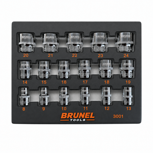 BRUNEL Tools 17pc 3/8 DR Shallow Sockets Set 6 Point 8-24mm EVA Tray BR3001
