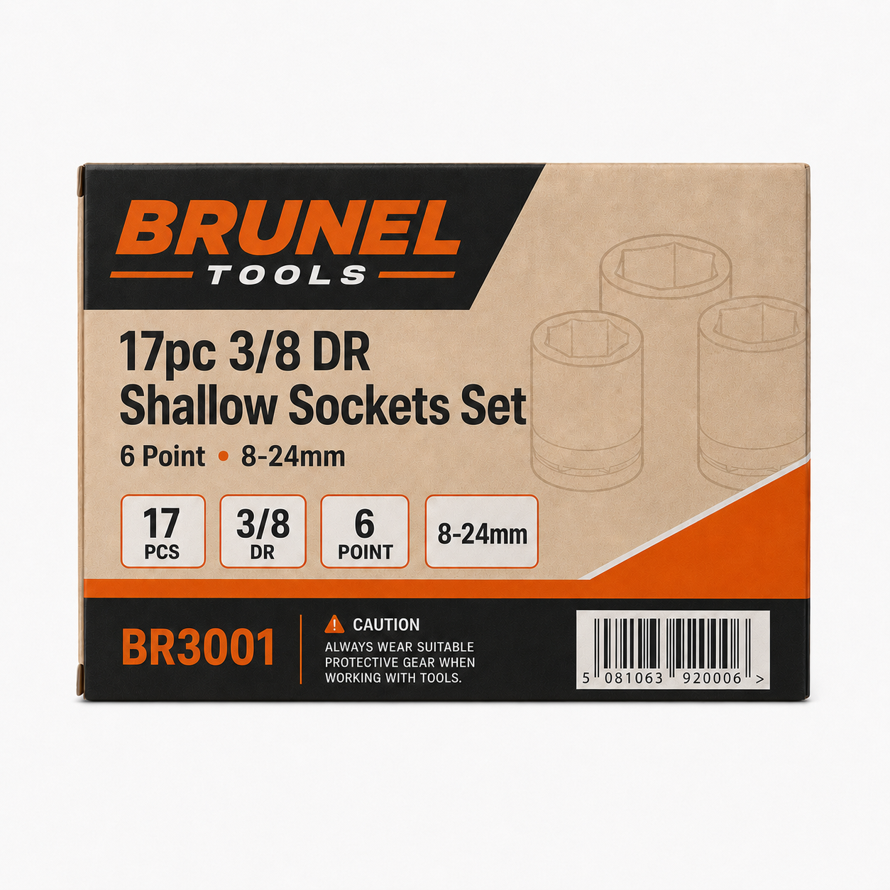 BRUNEL Tools 17pc 3/8 DR Shallow Sockets Set 6 Point 8-24mm EVA Tray BR3001