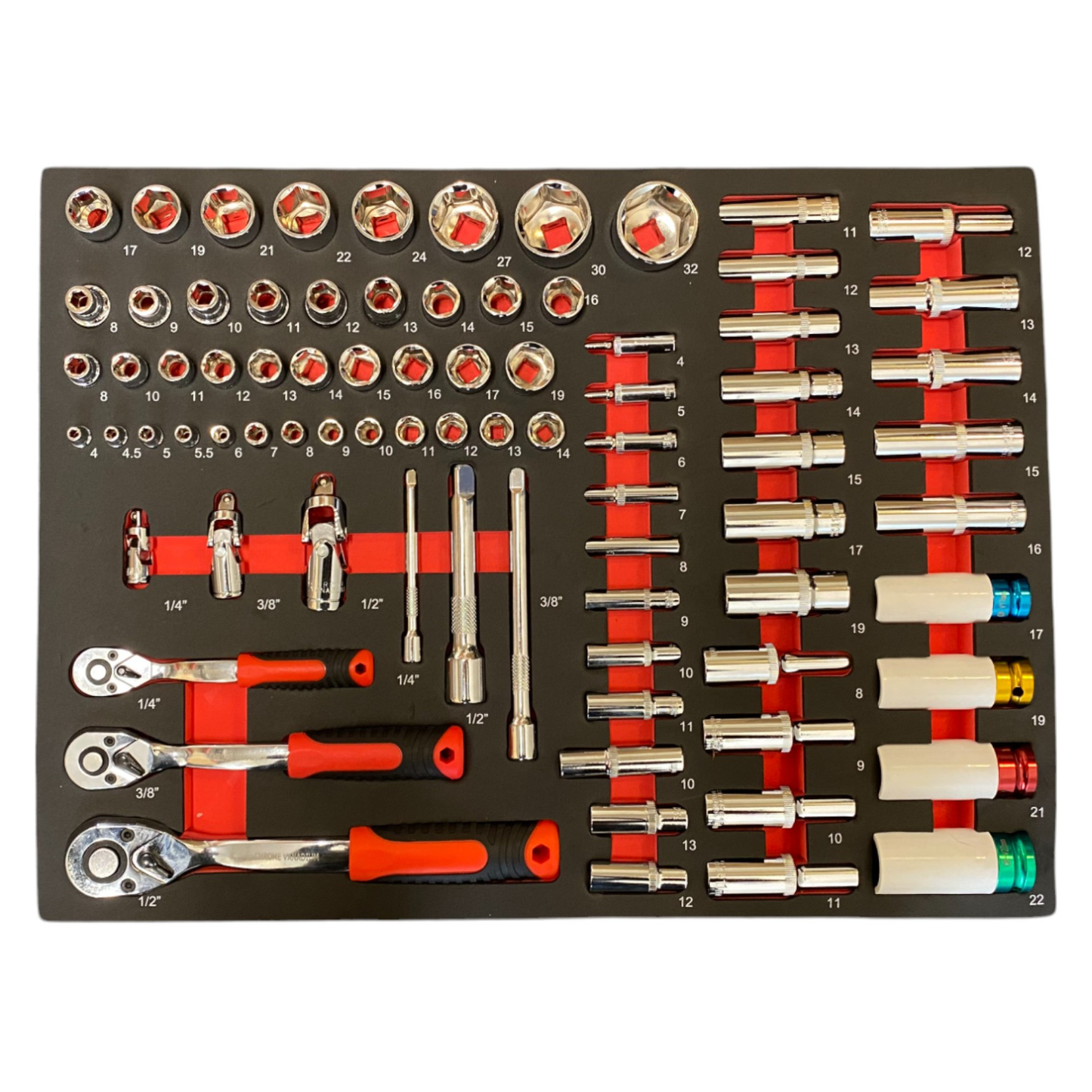 BRUNEL Tools 7 Drawer Caster Mounted Roller Tool Chest Cabinet with 6 Fully Stocked Drawers - 249 Pieces - Red